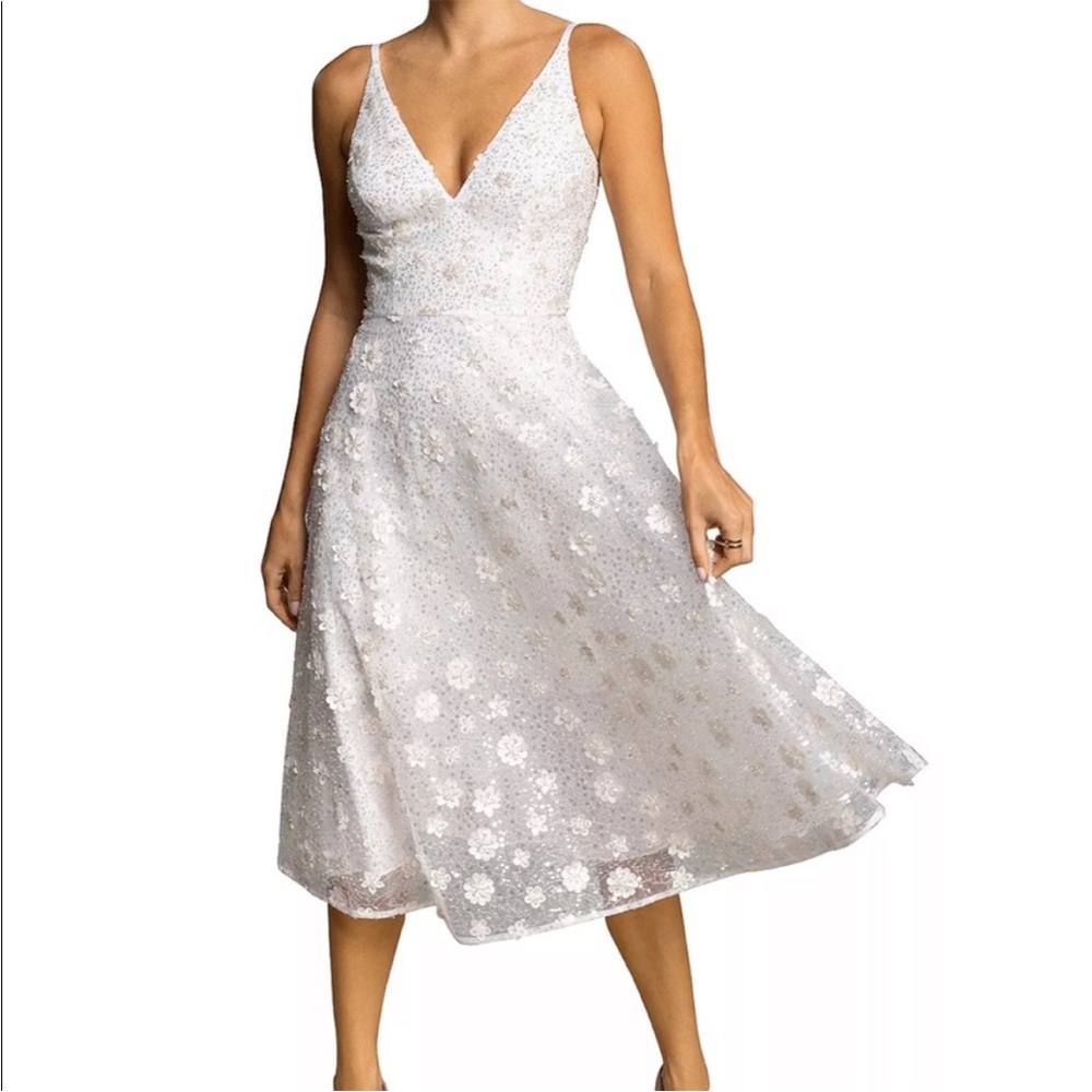 Dress the Population Elisa Floral Applique Sequin Dress in Ivory Beaded Shimmer